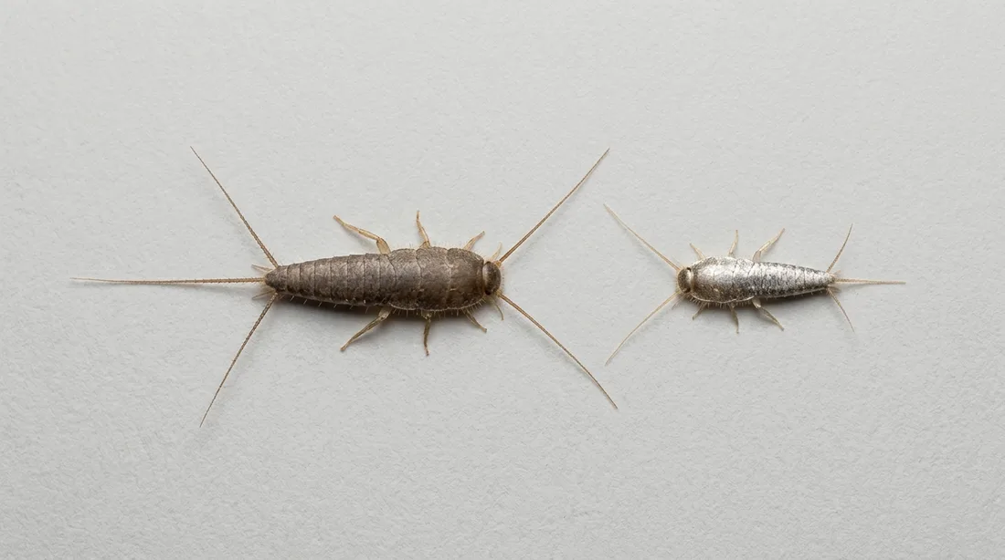 Papierfischchen (links, größer, matt graubraun, auffällig lange Schwanzfäden) und Silberfischchen (rechts, kleiner, silbrig glänzend, deutlich kürzere Schwanzfäden) im Vergleich von oben auf hellem Untergrund