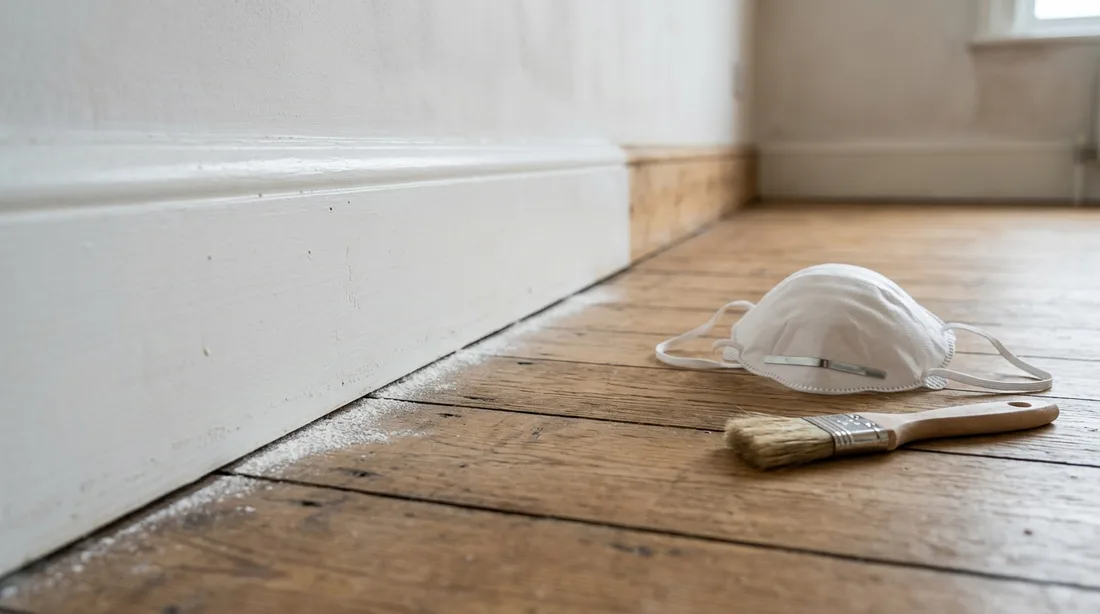 Kaum sichtbarer, hauchdünner Puderstreifen direkt am Fuß einer Sockelleiste, daneben Staubmaske und Pinsel