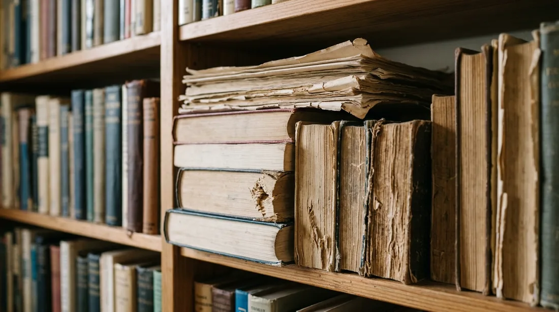 Buchrücken und Papierstapel in einem Regal mit abgeschabten Stellen an den Kanten