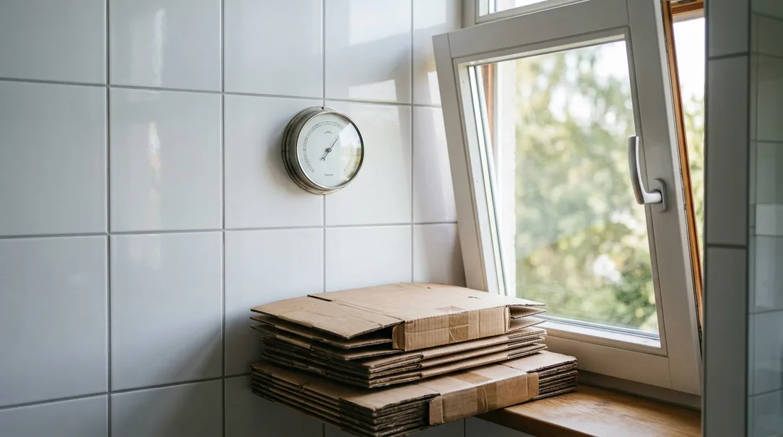 Hygrometer an einer Badezimmerwand neben einem gekippten Fenster und einem Stapel Pappkartons